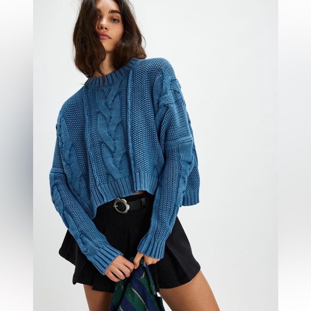 Free People Blue Cable Knit Cropped Sweater